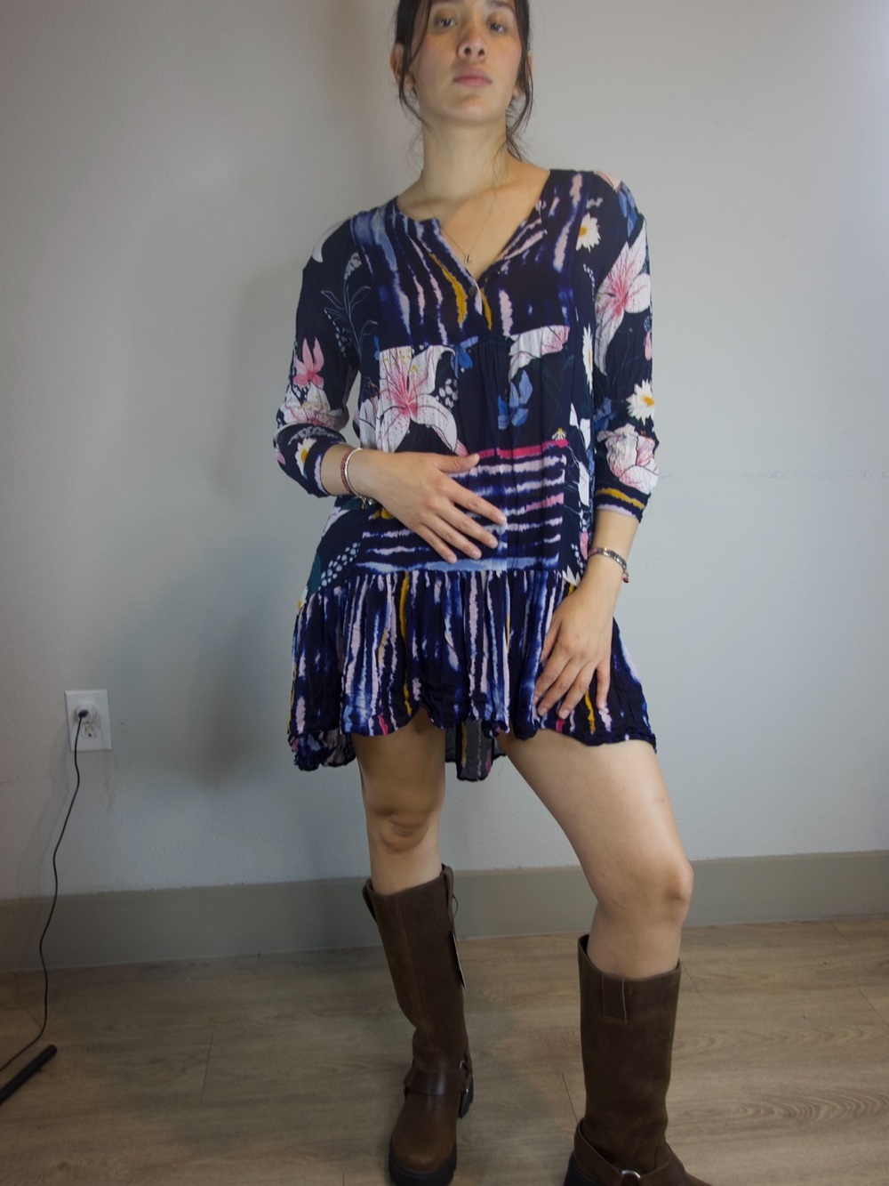 Blank London Floral Tie Dye Ruffle Hem Tunic Dress Petite Small